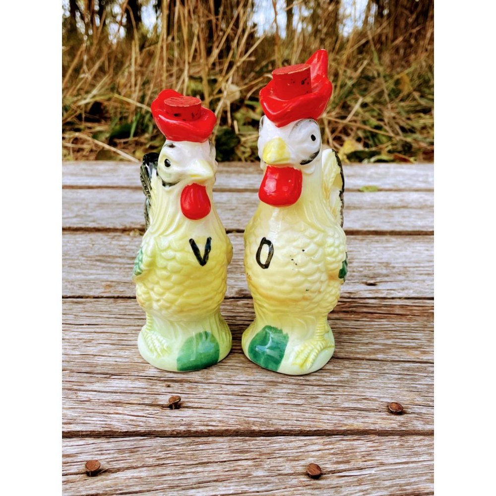 Vintage Oil and Vinegar Bottles Chicken Rooster Farmhouse Primitive